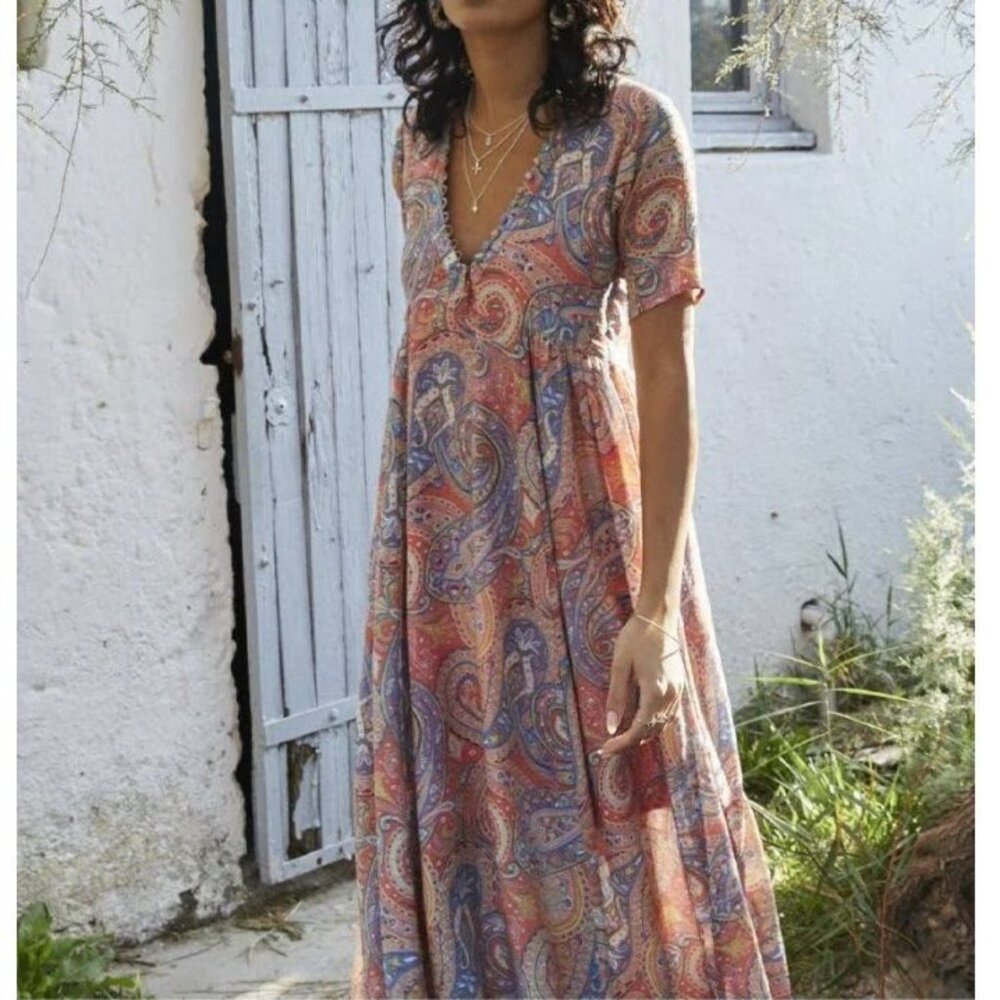 Molly Bracken Small Paisley Midi Dress Empire Waist V-Neck Flowy Boho